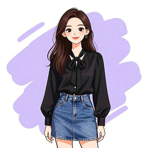 Digital anime-style drawing of a smiling woman with long brown hair, wearing a black blouse with a bow and blue denim skirt, against a purple abstract background