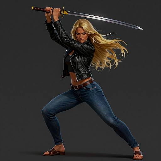 Dynamic Blonde Warrior with Katana Ready