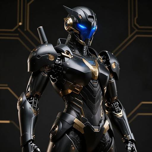 Photorealistic CGI of a sleek, black and gold robotic warrior with glowing blue eyes, standing against a dark, geometric patterned background.