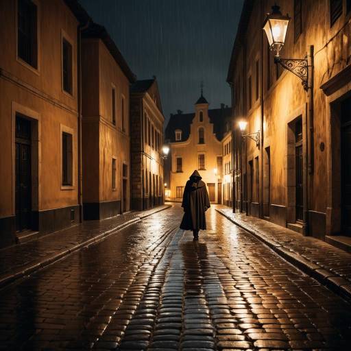 Cinematic Nighttime Street Scene with Cloaked Figure