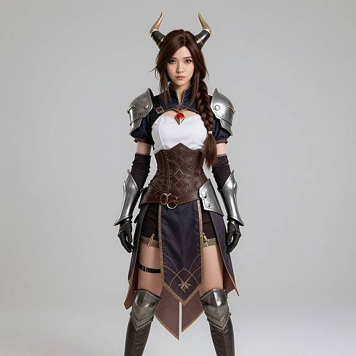 Photograph of a female cosplayer with long brown hair, black horns, white chest plate, black armor, and thigh-high boots, standing confidently against