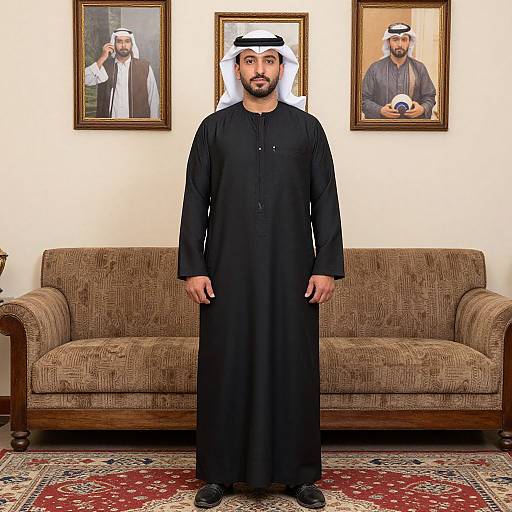 Photograph of a middle-aged man in black traditional Arabic thobe and white ghutra, standing in front of a brown sofa, with two framed portraits