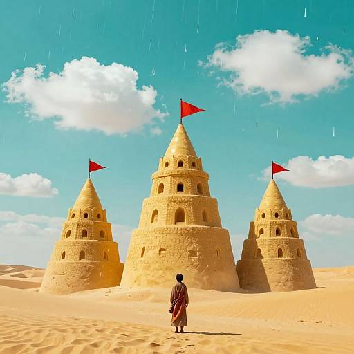 Photograph of a solitary figure in a red robe standing before three tall, sand-colored, conical towers with red flags, under a bright blue sky