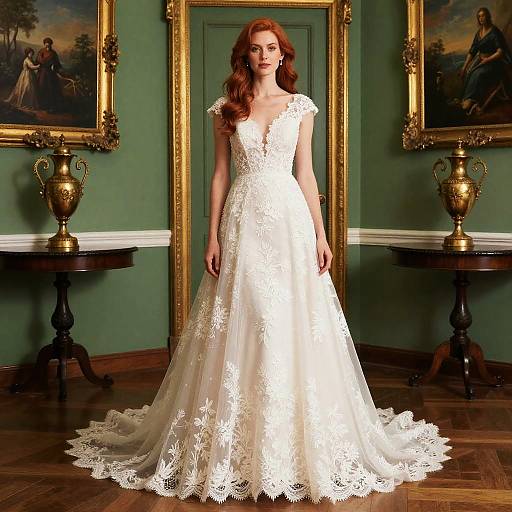 Red-haired Bride in Lace Wedding Gown
