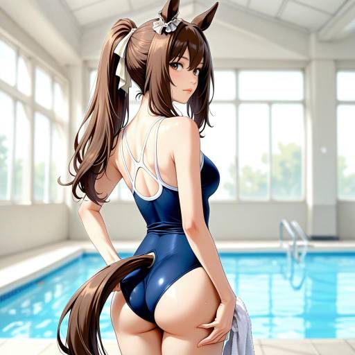 Horse Girl in Blue Swimsuit Pose