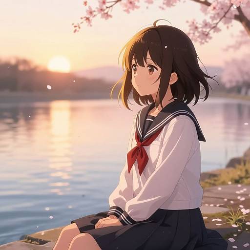 Anime-style digital drawing of a shy, brown-haired girl in a school uniform sitting by a serene lake at sunset, surrounded by cherry blossoms.