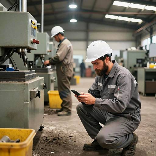 Factory Worker Using Smartphone on Industrial Floor