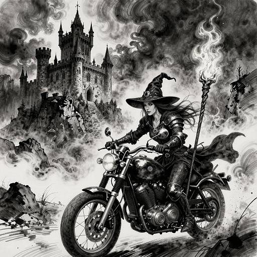 Witch on Motorcycle in Dark Fantasy