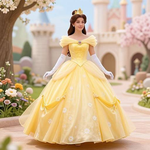 Digital artwork of a beautiful princess with long brown hair, wearing a yellow ball gown, white gloves, and a gold crown, standing in a colorful,