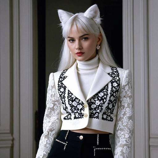 Fashion Model with White Hair and Cat Ears in Lace Dior Outfit