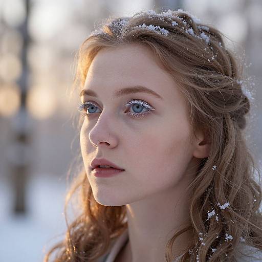 Photograph of a fair-skinned, blue-eyed red-haired woman with snowflakes in her hair, gazing thoughtfully into the sunlit winter