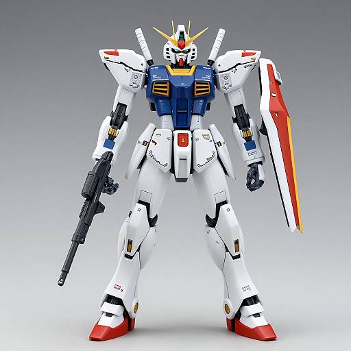 CGI image of a white, blue, and red anime-style mecha with a large gun in left hand, large red sword in right hand,