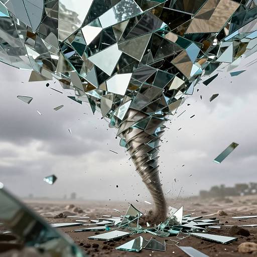 Photograph of a swirling tornado made of shattered glass fragments, rising from a barren, rocky landscape under a cloudy sky.