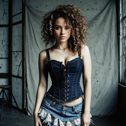 Curly-haired woman in denim corset