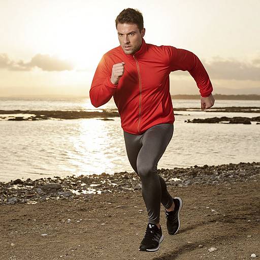 Photograph of a determined man jogging on a rocky beach at sunset, wearing a bright red jacket, gray leggings, and black sneakers. Sunlight reflects