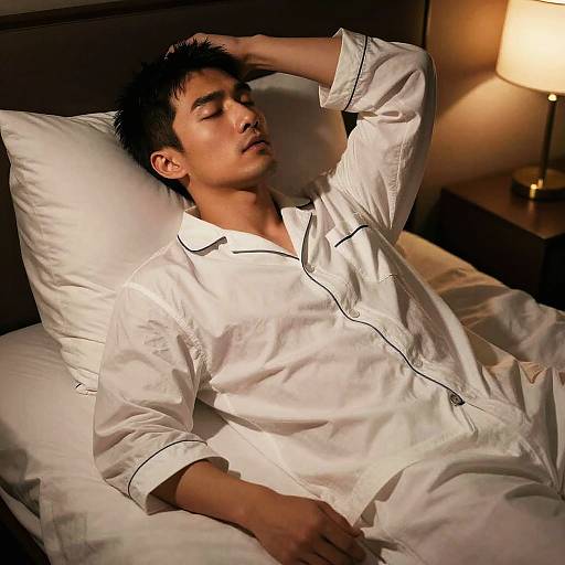 Man Resting in Pajamas on Bed at Night