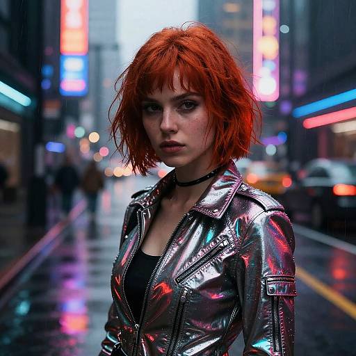 Photorealistic digital artwork of a red-haired woman in a silver, reflective leather jacket standing in a neon-lit, rainy city street.