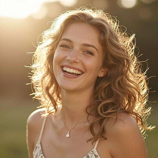 Photograph of a smiling young woman with wavy, sunlit brown hair, wearing a white floral dress and small necklace, set against a glowing sunset