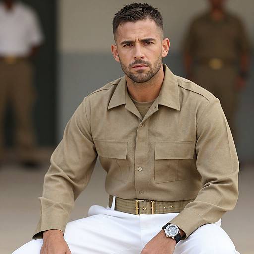 Photograph of a muscular, bearded man with short dark hair, wearing a tan military-style shirt, holding a white blanket, serious expression, blurred