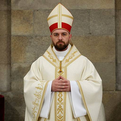 Photograph of a bearded Catholic priest in ornate white and gold vestments, red mitre, and hands clasped, standing against a stone