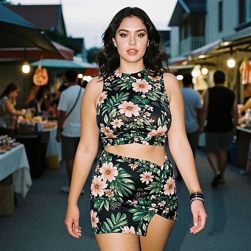 Photograph of a confident woman with medium skin tone and wavy black hair, wearing a black floral crop top and matching mini skirt, walking through a