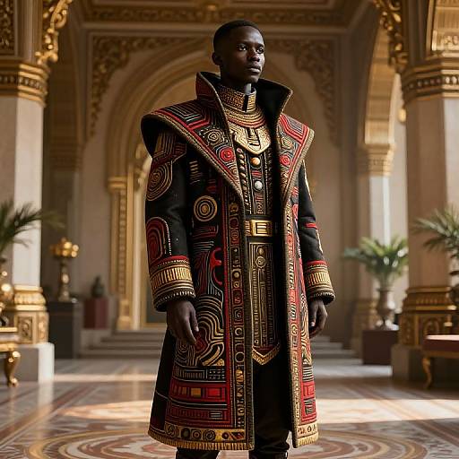 Photorealistic CGI of a dark-skinned man in an ornate, black and red African embroidered coat, standing in a grand, gold-accent