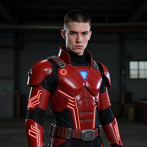 Photograph of a serious young man with short hair in a red, glowing, futuristic armor suit with black and neon accents, standing in a dimly