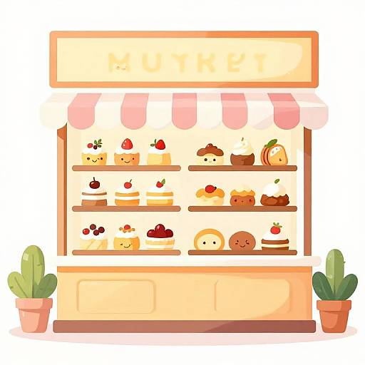Cute cartoon pastry shop with smiling fruit and baked goods on shelves, pink-striped awning, two potted cacti, digital illustration.