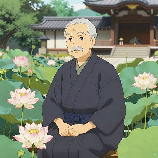 Gentle Old Man in Kimono Among Lotus Flowers