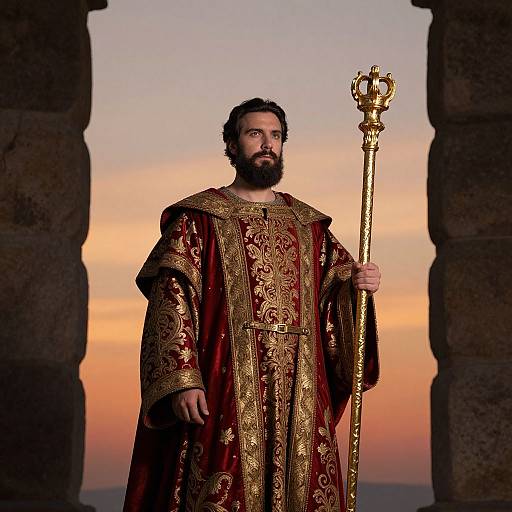 Photograph of a bearded man with dark hair, wearing an ornate red and gold robe, holding a gold scepter, standing between stone arch