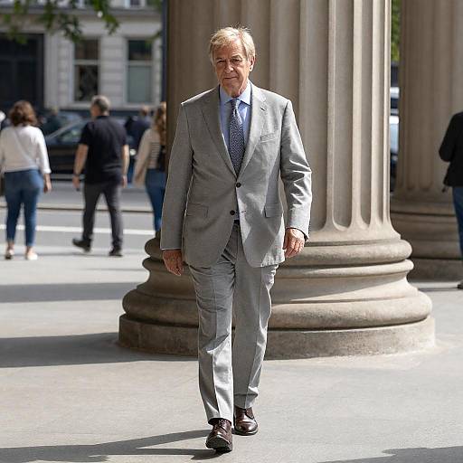 Middle-aged Man Walking by Stone Columns