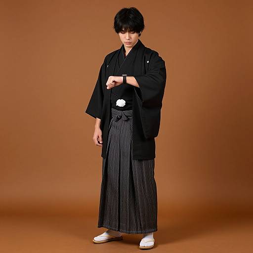 Photograph of an East Asian man in traditional black kimono with pinstriped hakama, white tabi socks, and brown backdrop. He stands