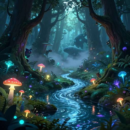 Enchanted forest scene in digital art, featuring glowing mushrooms, bioluminescent plants, a winding blue stream, mist, and a hidden,