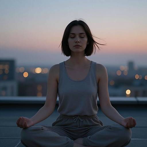 Woman Meditating on Rooftop at Dusk