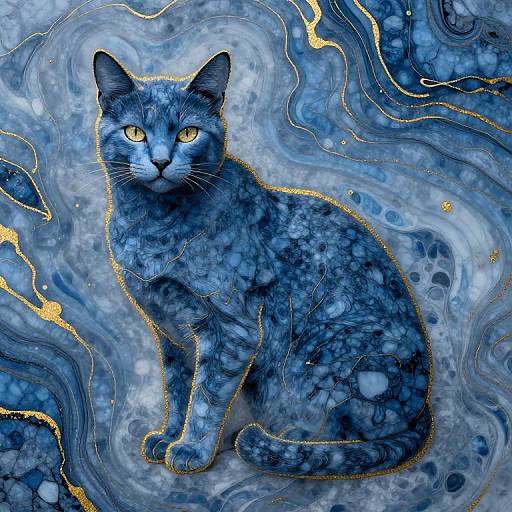 Digital art of a blue-patterned cat with glowing yellow eyes, sitting on a swirling, marbled blue background with gold lines.