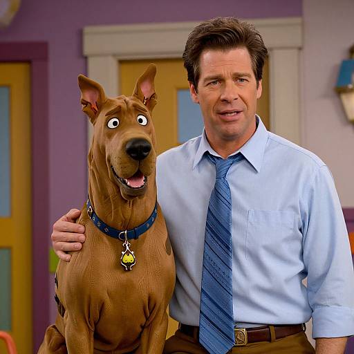 Photorealistic image of a man with short brown hair, wearing a blue shirt and striped tie, standing beside a cartoon-like, brown dog with a