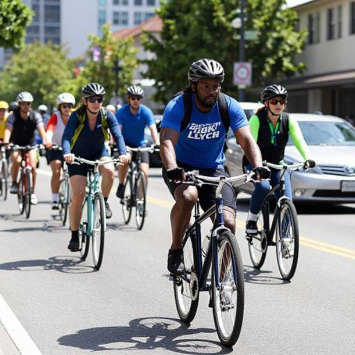 Photograph of a group of cyclists wearing helmets and blue shirts, riding on a sunny urban street with trees and buildings in the background.
