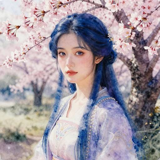 Digital painting of an East Asian woman with long blue-black hair, wearing a white kimono, standing under blooming cherry blossoms. Soft sunlight highlights