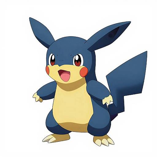Digital drawing of a cheerful, blue and yellow, Pikachu-like creature with large ears, red cheeks, and a lightning-shaped tail.