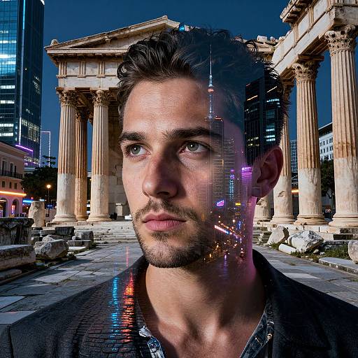 Photorealistic digital portrait of a handsome, bearded man with dark hair, blue eyes, and a serious expression, superimposed over a night