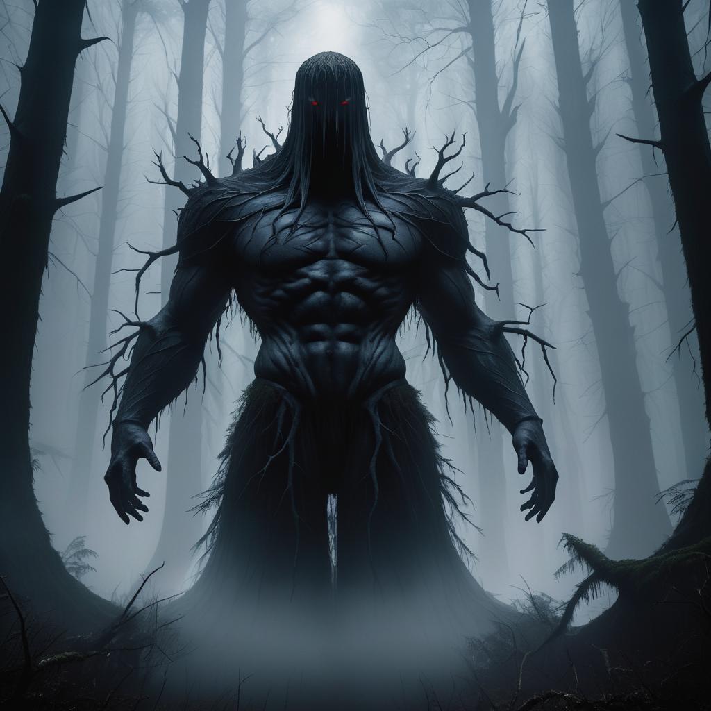 Eerie Faceless Giant in Foggy Forest