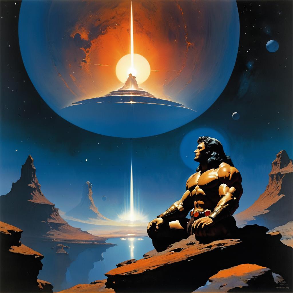 Titan Meditating in Cosmic Volcanic Landscape