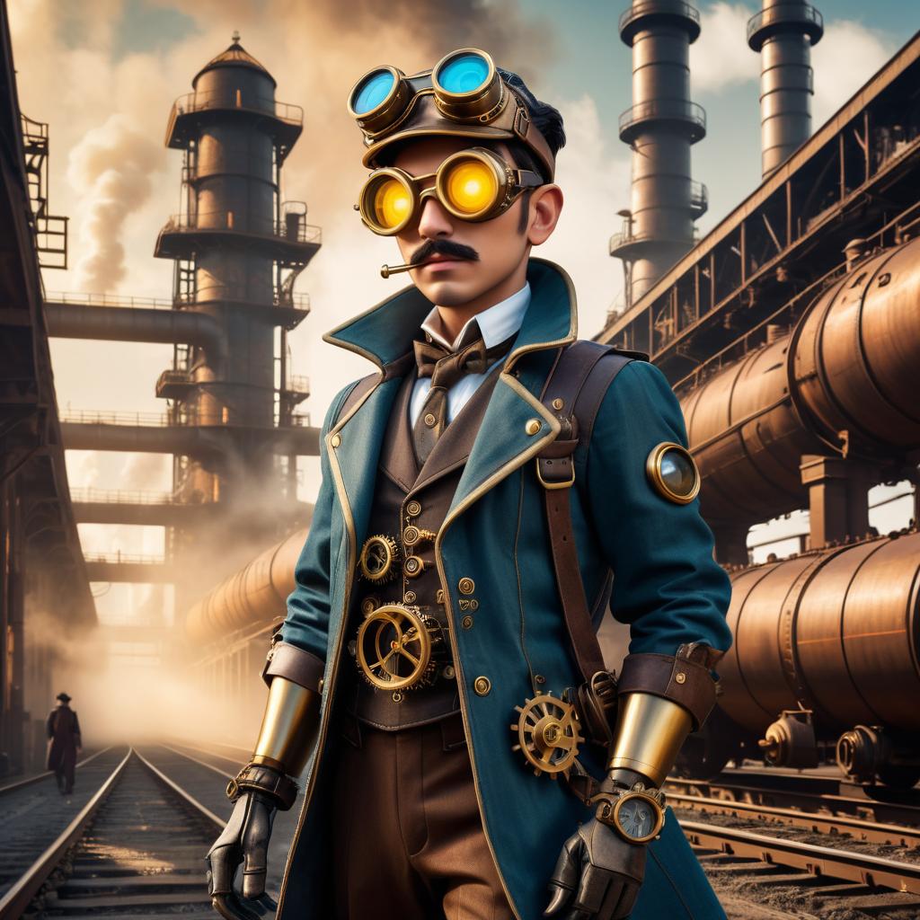 Steampunk Pinocchio in an Industrial Landscape