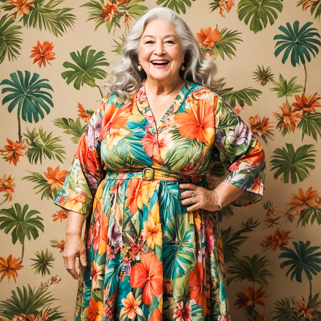 Joyful Grandmother in Tropical Floral Dress