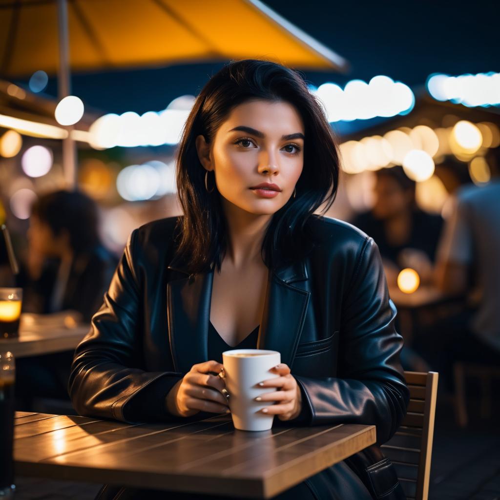 Stunning Raven-Haired Woman at Night Market