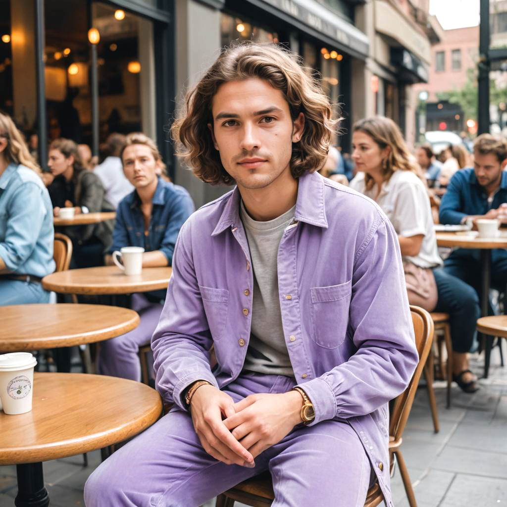 Young Artist in Lavender Pants at Café