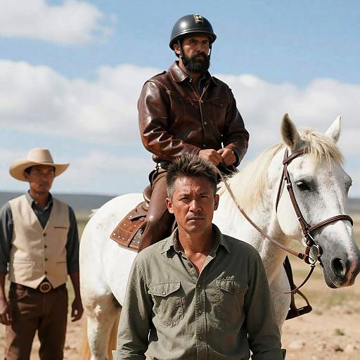 Photograph of three men: bearded man in brown leather jacket and helmet riding white horse, man with hat in beige vest, and man in green