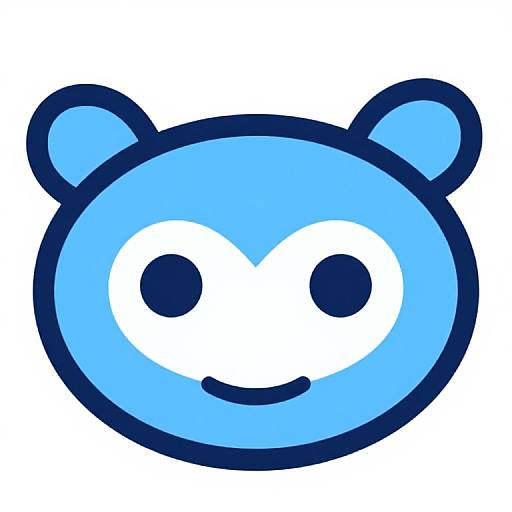 Digital cartoon of a blue bear face with simple design, featuring round ears, large white eyes with black pupils, and a small smile. White background.