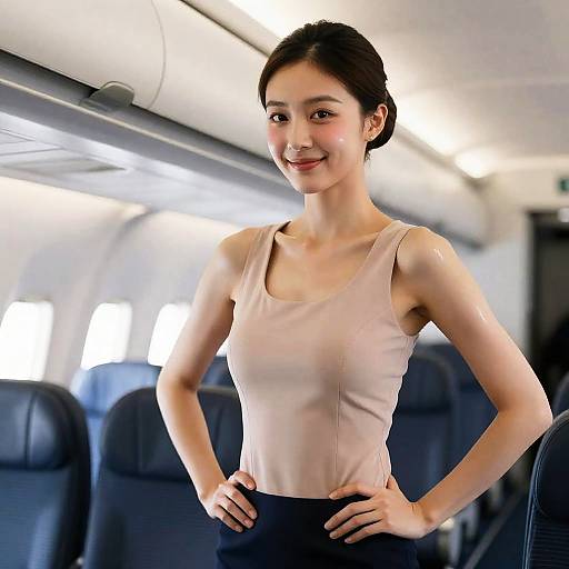 Smiling Asian Flight Attendant in Airplane