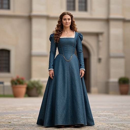Photograph of a fair-skinned woman with long, curly brown hair, wearing a blue, puffed-sleeve, medieval-style dress, standing